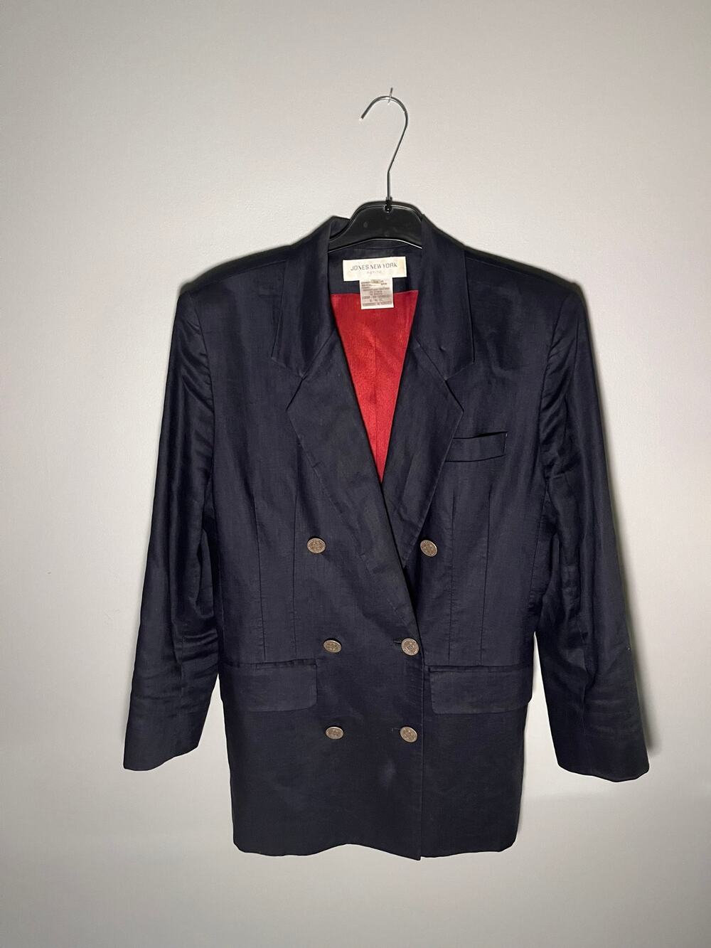 Vintage Women's Navy Blue Double Breasted Linen Blazer Jones New York Size 12P